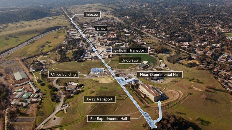 An aerial photo of LCLS, a two-mile-long linear accelerator at SLAC National Accelerator Laboratory.