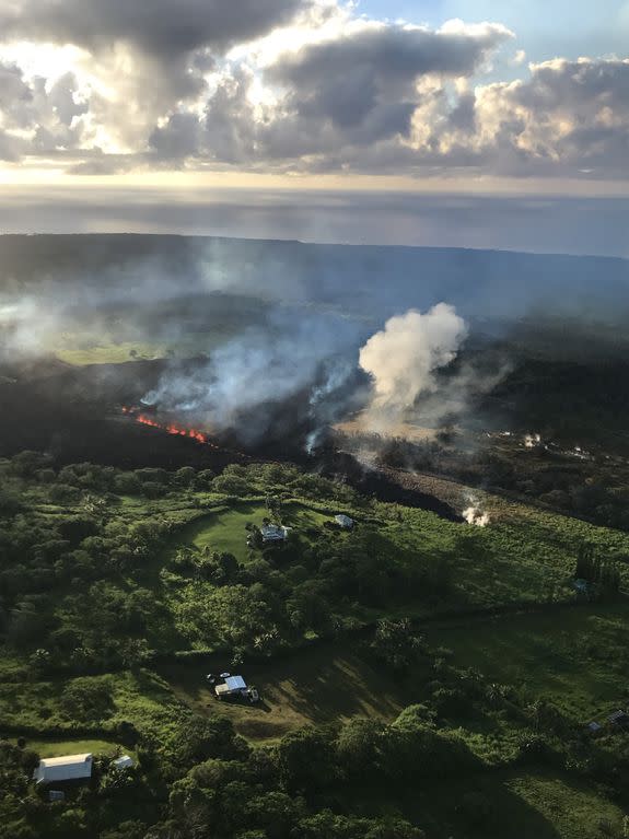 An aerial view of fissure 17 in the Leilani Estates neighborhood taken on May 14.