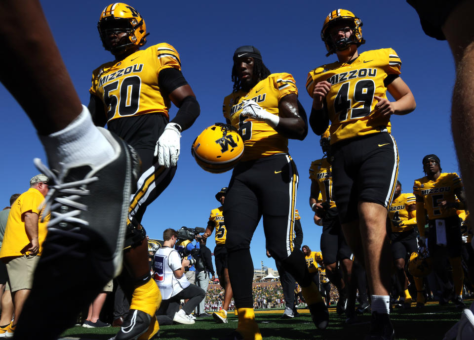 COLUMBIA, MISSOURI – OCTOBER 21: Missouri Tigers leave the field after warm-ups prior to the game against the South Carolina Gamecocks at Faurot Field/Memorial Stadium on October 21, 2023 in Columbia, Missouri. (Photo by Jamie Squire/Getty Images)