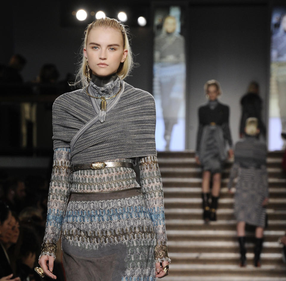 A model shows a creation part of the Missoni women's Fall-Winter 2012-13 fashion collection, presented in Milan, Italy, Sunday, Feb. 26, 2012. (AP Photo/Giuseppe Aresu)