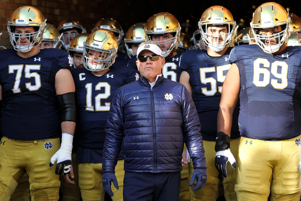 Notre Dame coach Brian Kelly looks on with his team before a game on Nov. 16, 2019 in South Bend, Indiana. (Dylan Buell/Getty Images)