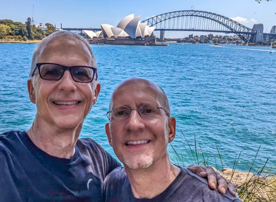 Brent and Michael in front of the Sydney Opera House and the Harbour Bridge