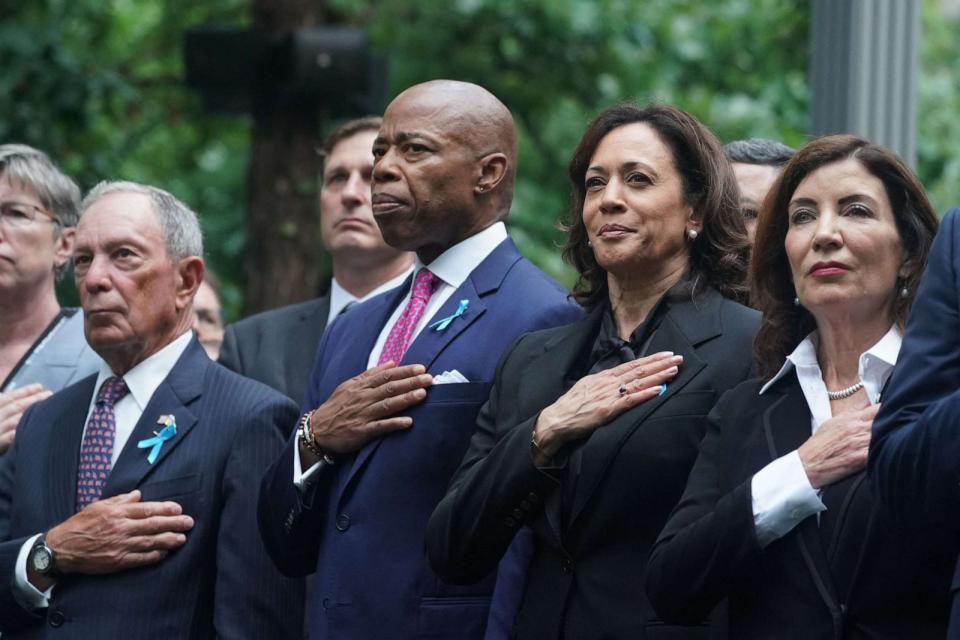 PHOTO: Former New York City Mayor Michael Bloomberg, New York City Mayor Eric Adams, Vice President Kamala Harris, and New York Governor Kathy Hochul attend a ceremony on the 22nd anniversary of the terror attack on the WTC, in New York. Sept. 11, 2023. (Bryan R. Smith/AFP via Getty Images)