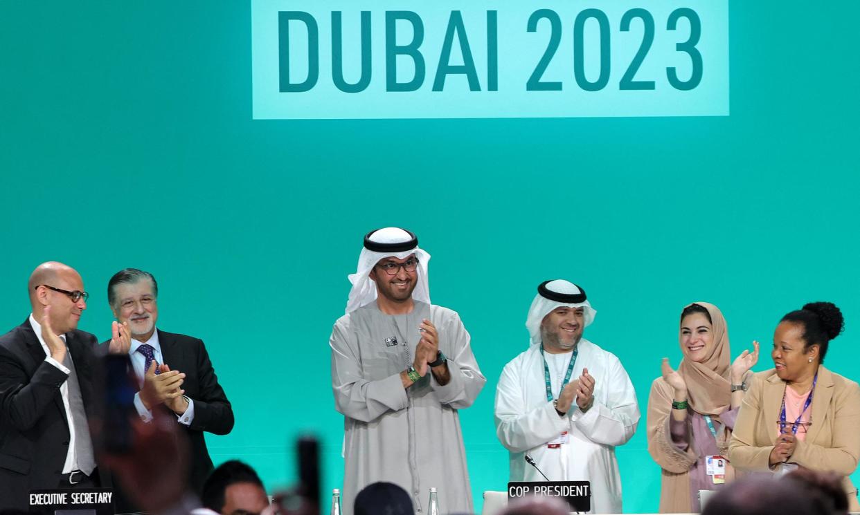 <span>Cop28 president Sultan Ahmed Al Jaber (centre) at a plenary session in Dubai in December.</span><span>Photograph: Giuseppe Cacace/AFP/Getty Images</span>