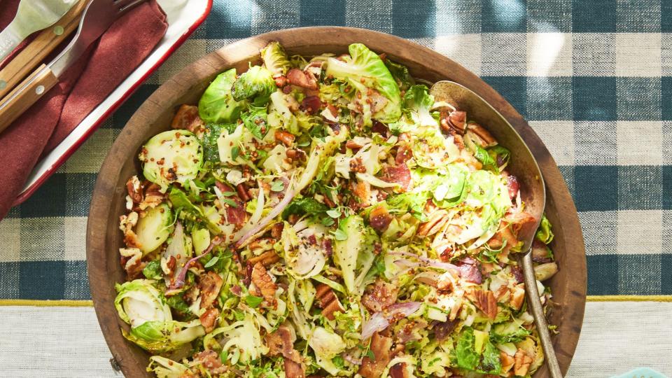 shaved brussels sprouts with bacon and warm apple cider dressing