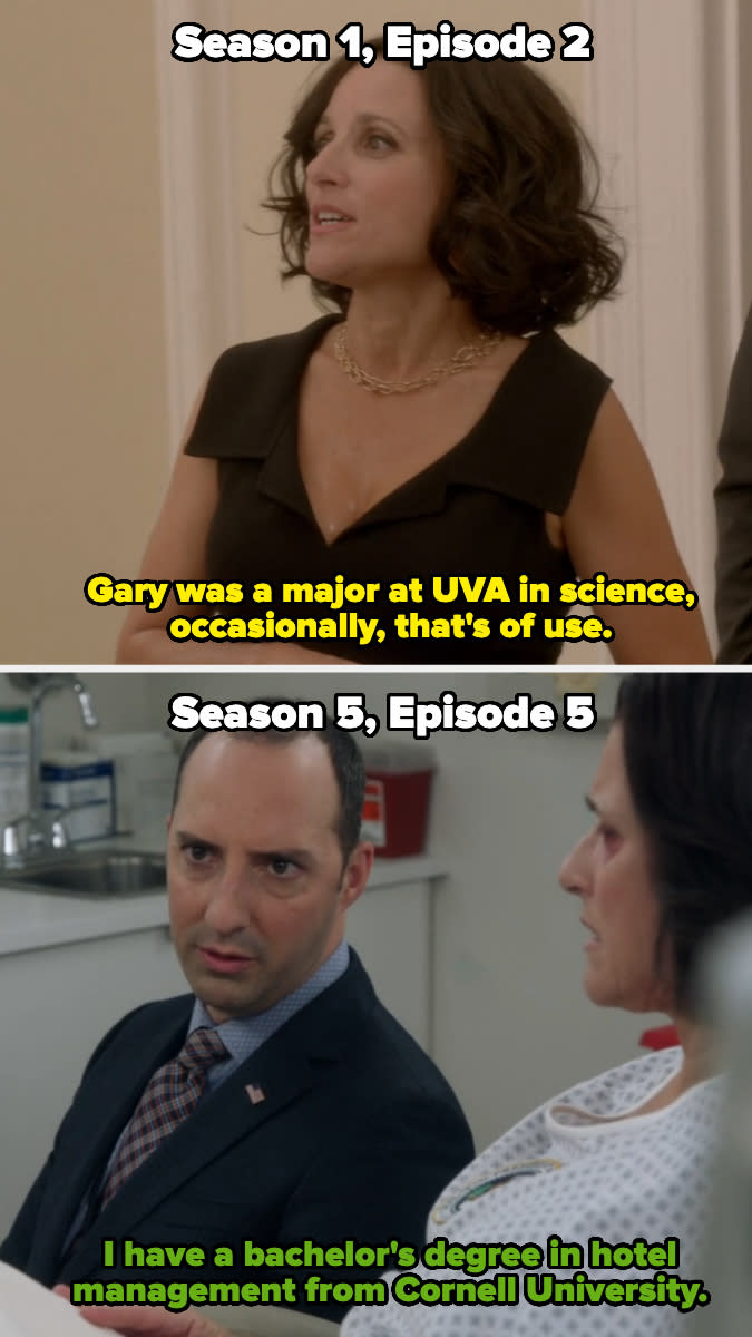 In Season 1, Selina says Gary studied science at UVA, then in Season 5, he says he hs a bachelor's in hotel management from Cornell