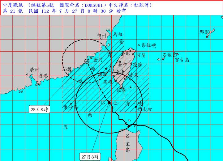 杜蘇芮上午8時位於鵝鑾鼻的西南方約170公里之海面上，暴風圈籠罩半個台灣。（圖／翻攝自中央氣象局）