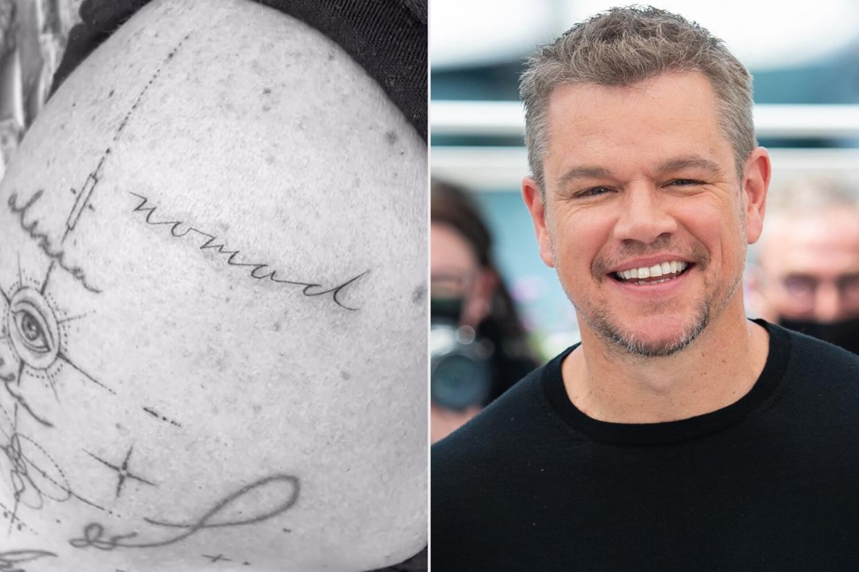 https://www.instagram.com/p/CqBEfVyJk-X/ winterstone Verified Got to tattoo an idol of mine! Such a cool job to have great experiences like these. #mattdamon And Mr. Damon tattooed me! His first time tattooing! A small universe… aka a dot! The tattoo has great meaning! For his late father We tattooed NOMAD which was his fathers boat and also Says DAMON backwards! Pretty rad tattoo with so much Meaning! @stellaartois;l CANNES, FRANCE - JULY 09: Matt Damon attends "Stillwater" photocall during the 74th annual Cannes Film Festival on July 09, 2021 in Cannes, France. (Photo by Samir Hussein/WireImage)