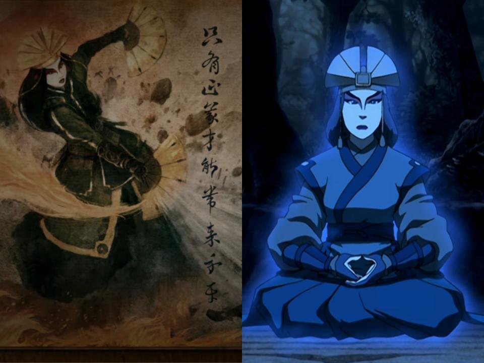 left: a painting of avatar kyoshi wielding her fans with an inscription on the side; right: kyoshi's spirit in the animated series, sitting in a meditative pose and looking straight forward