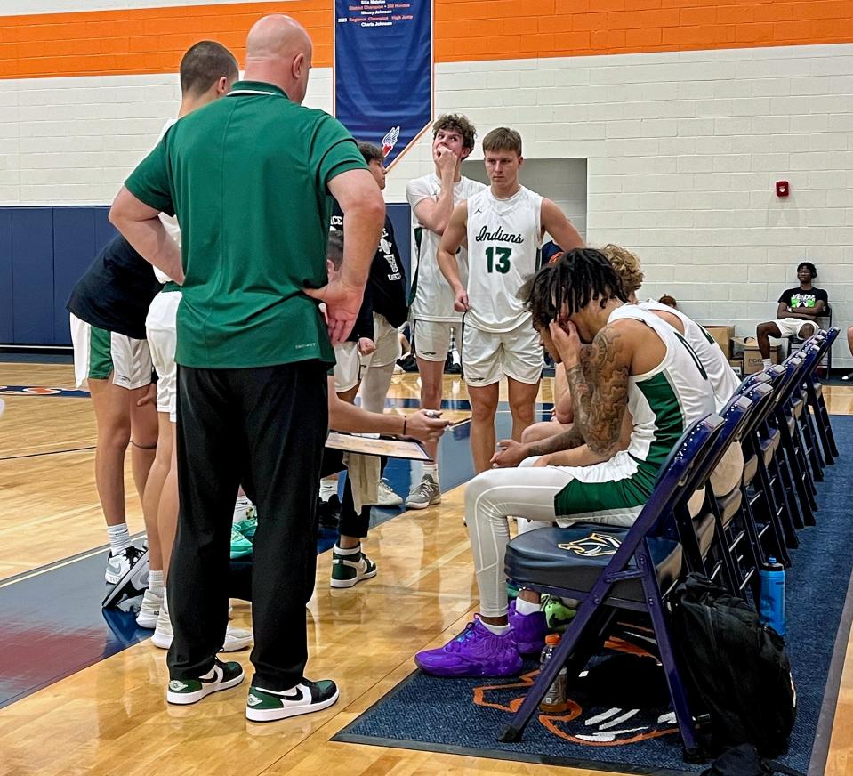 Venice High boys basketball coach Luke Davis speaks with his team during a timeout against Parrish Community in the opening round of the Chick-fil-A Classic Basketball Tournament on Thursday at Bradenton Christian School.