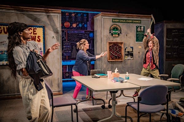 From left, actors Sufe Bradshaw, Laura Niemi and Sandy Bainum perform in "Accommodation," a play by Lake Gibson theater teacher Greg Burdick that is running at Los Angeles' Odyssey Theatre until July 9.