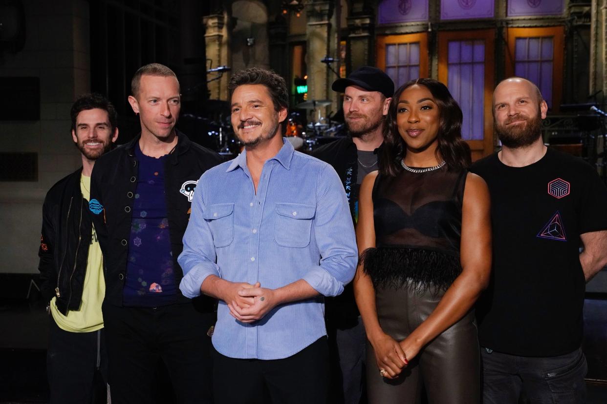 Pedro Pascal, members of the band Coldplay, and Ego Nwodim doing promos for "Saturday Night Live" on February 3, 2023.