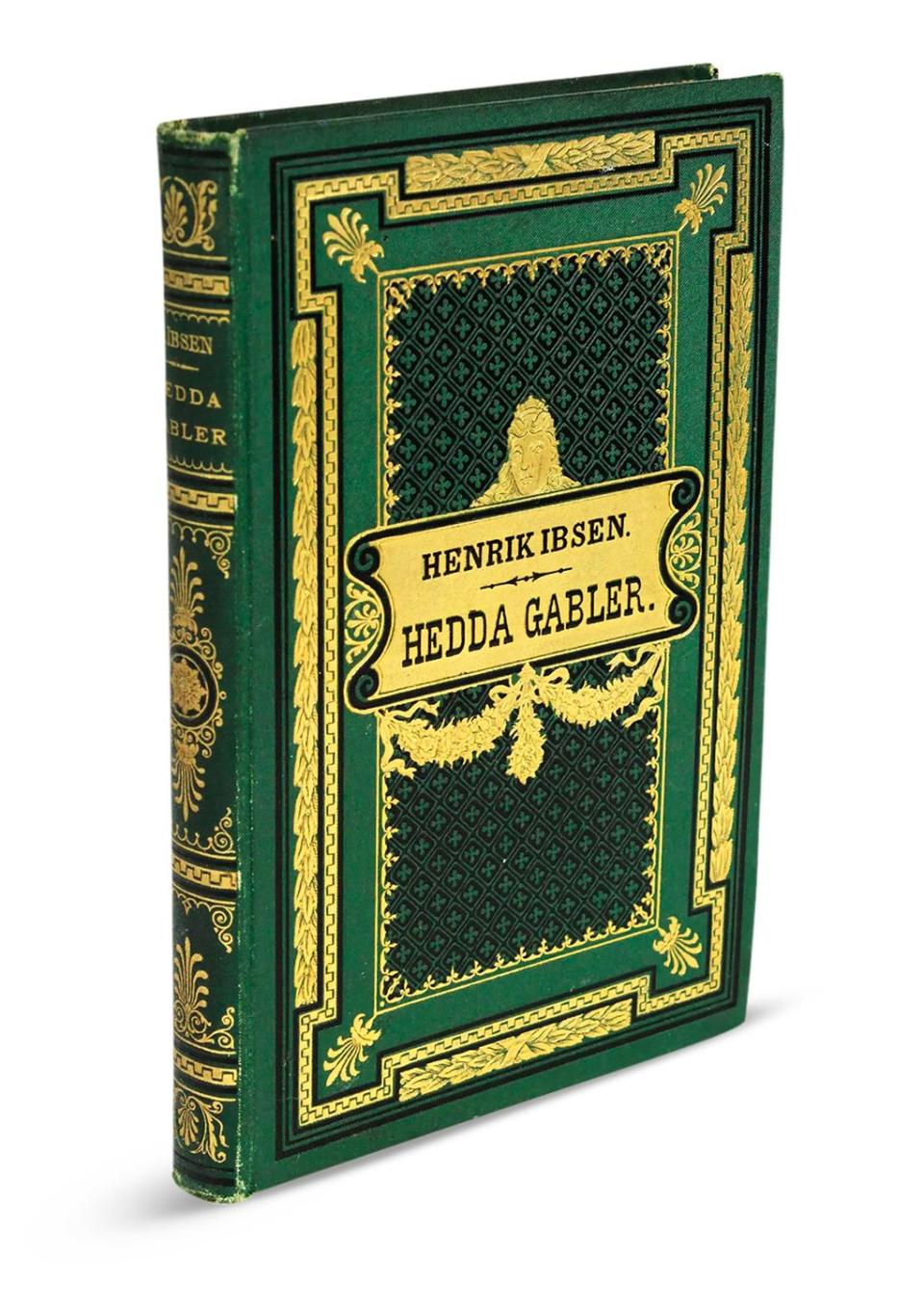 green and yellow leather bound copy of hedda gabler