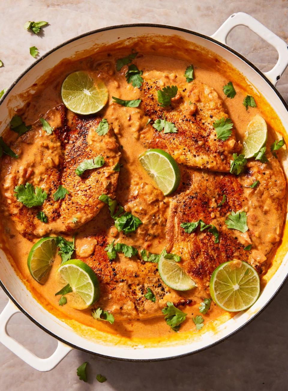 <p>If our <a href="https://www.delish.com/cooking/recipe-ideas/a19636089/creamy-tuscan-chicken-recipe/" rel="nofollow noopener" target="_blank" data-ylk="slk:creamy Tuscan chicken;elm:context_link;itc:0;sec:content-canvas" class="link ">creamy Tuscan chicken</a> is a mainstay at your house, this recipe is going to be just the thing to shake up your <a href="https://www.delish.com/cooking/recipe-ideas/g3338/best-weeknight-dinners/" rel="nofollow noopener" target="_blank" data-ylk="slk:weeknight dinner;elm:context_link;itc:0;sec:content-canvas" class="link ">weeknight dinner</a> routine. We paired quick-cooking chicken cutlets with a spicy-sweet <a href="https://www.delish.com/cooking/g39893844/coconut-milk-recipes/" rel="nofollow noopener" target="_blank" data-ylk="slk:coconut milk;elm:context_link;itc:0;sec:content-canvas" class="link ">coconut milk</a> sauce that’s out-of-this-world tasty. Tomatoes (and tomato paste) bring it back down to Earth, so you can make this over and over (and over!) again. Not convinced? Did we mention this comes together in just one pan, in less than 30 minutes?!</p><p>Get the <strong><a href="https://www.delish.com/cooking/recipe-ideas/a42676553/one-pan-coconut-lime-chicken-recipe/" rel="nofollow noopener" target="_blank" data-ylk="slk:One-Pan Coconut-Lime Chicken recipe;elm:context_link;itc:0;sec:content-canvas" class="link ">One-Pan Coconut-Lime Chicken recipe</a></strong>. </p>