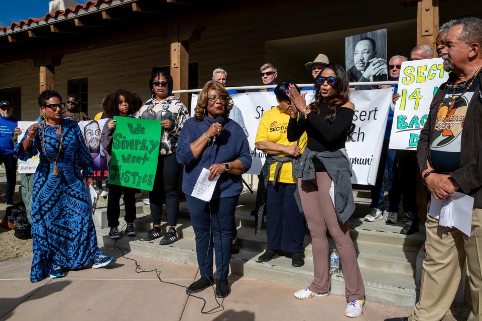 Pearl Devers, center, of the Section 14 Survivors group speaks during a rally on Martin Luther King Jr. Day in Palm Springs on Monday, Jan. 15, 2024.