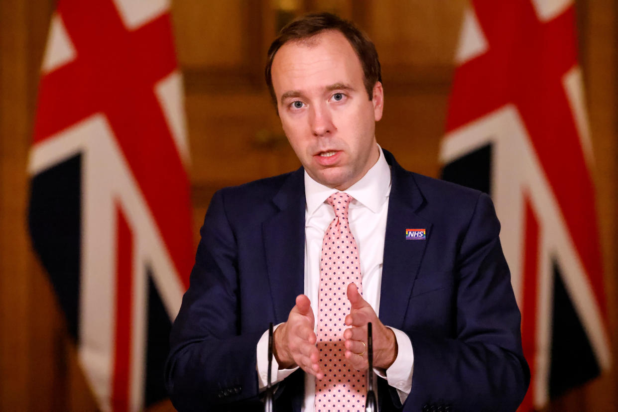 Health Secretary Matt Hancock during a media briefing on coronavirus (COVID-19) in Downing Street, London.