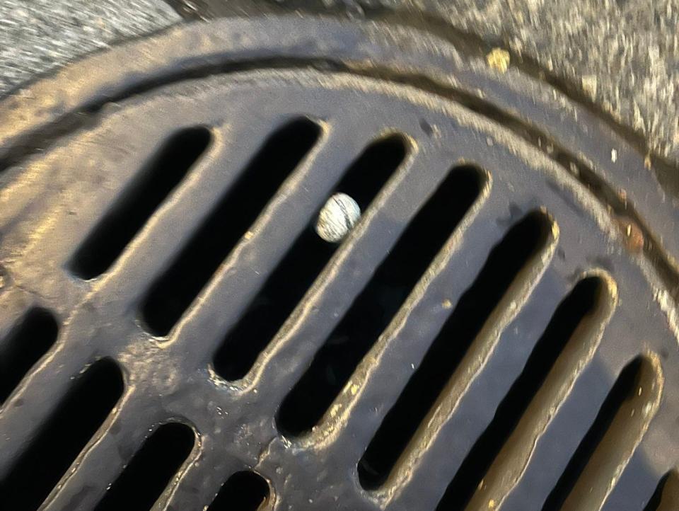 Storm drain grate with a golf ball lodged in the slot