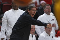 Texas Tech coach Mark Adams, foreground, yells during the first half of an NCAA college basketball game against Iowa State, Monday, Jan. 30, 2023, in Lubbock, Texas. (AP Photo/Brad Tollefson)