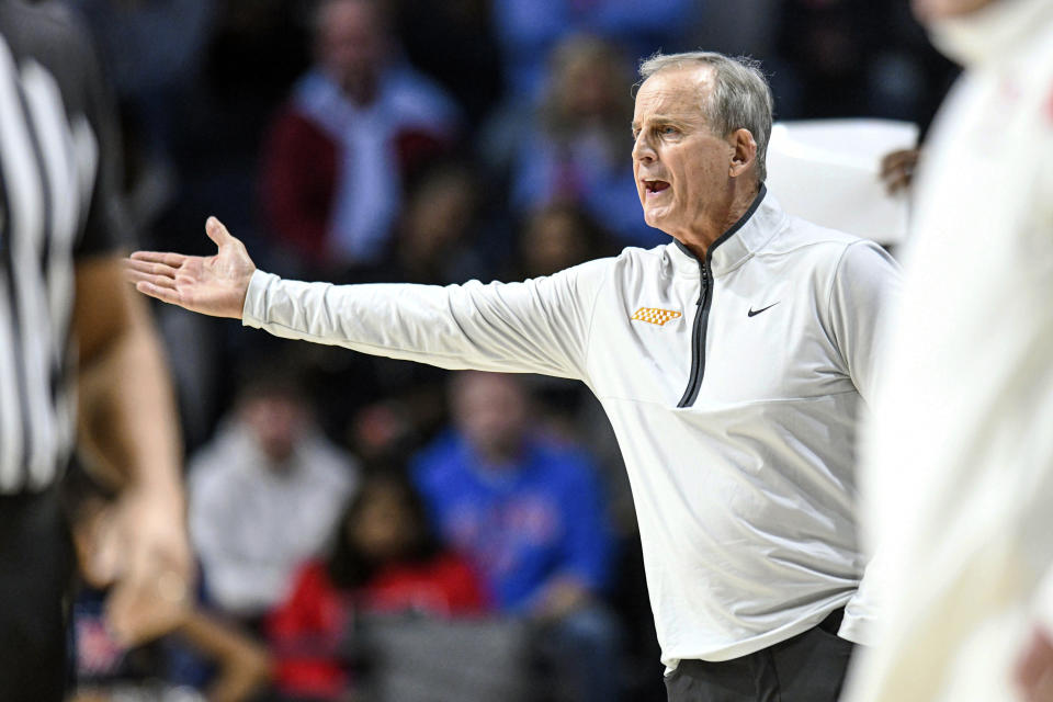 Tennessee head coach Rick Barnes reacts during the game against Mississippi in the first half in an NCAA college basketball game, Wednesday, Dec. 28, 2022 in Oxford, Miss. (AP Photo/Bruce Newman)