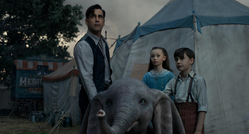 Colin Farrell, Nico Parker and Finley Hobbins in "Dumbo." (Photo: Disney)