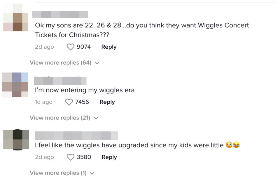 One person said, "Ok my sons are 22, 26 & 28...do you think they want Wiggles Concert Tickets for Christmas???"