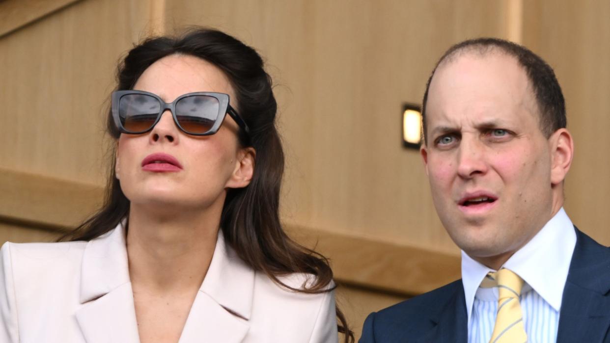 Sophie Winkleman and Lord Frederick Windsor watch Carlos Alcaraz vs Novak Djokovic in the Wimbledon 2023 men's final on Centre Court during day fourteen of the Wimbledon Tennis Championships at the All England Lawn Tennis and Croquet Club on July 16, 2023 in London, England