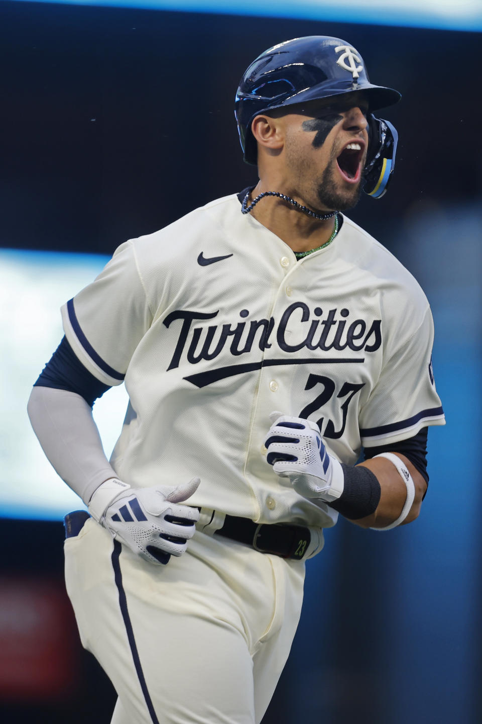 Minnesota Twins' Royce Lewis runs the bases on his grand slam against the Cleveland Guardians in the second inning of a baseball game, Monday, Aug. 28, 2023, in Minneapolis. (AP Photo/Bruce Kluckhohn)