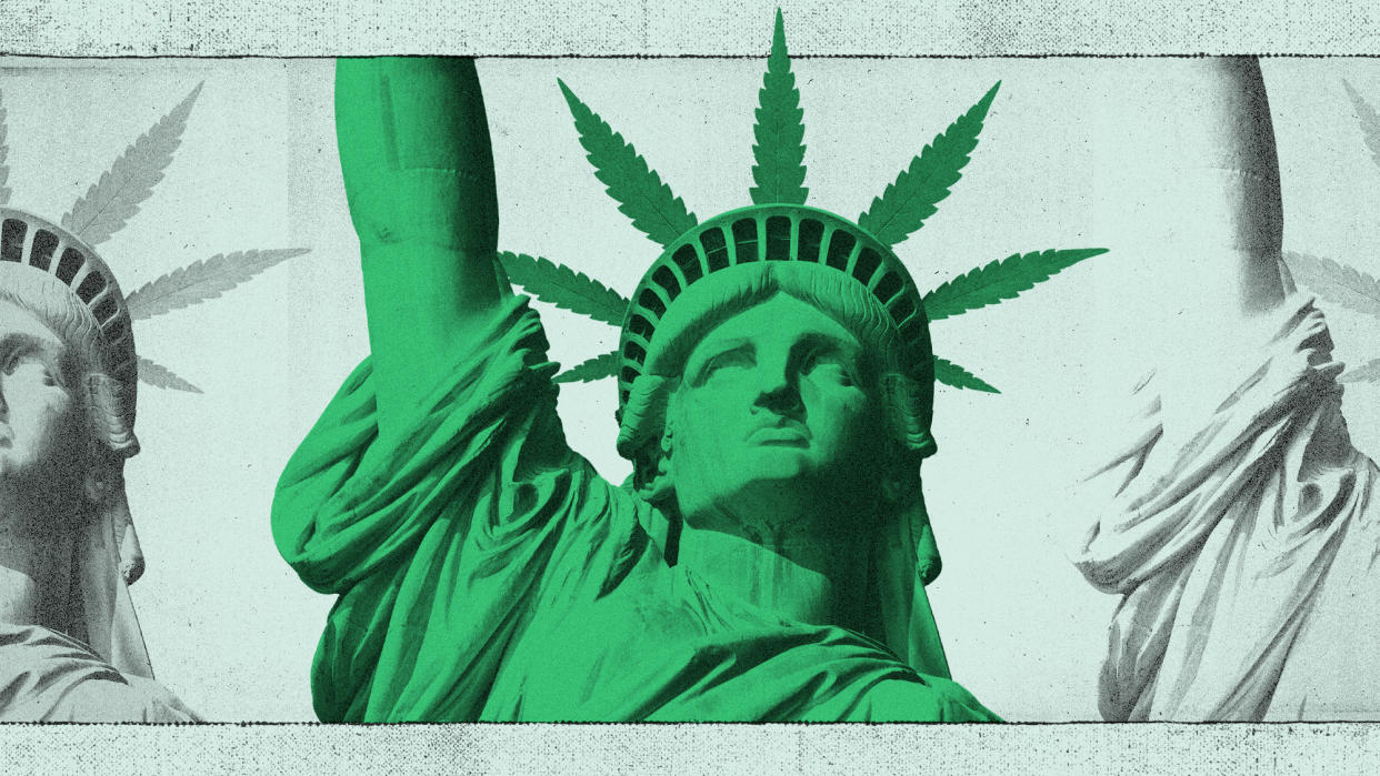  Illustration of the Statue of Liberty with marijuana leaves replacing the spikes of her crown. 