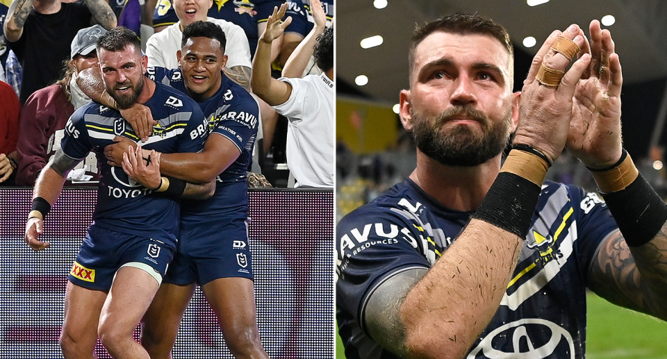 Departing Cowboys hero Kyle Feldt signed off on his final regular season home game with two tries against the Storm. Pic: Getty