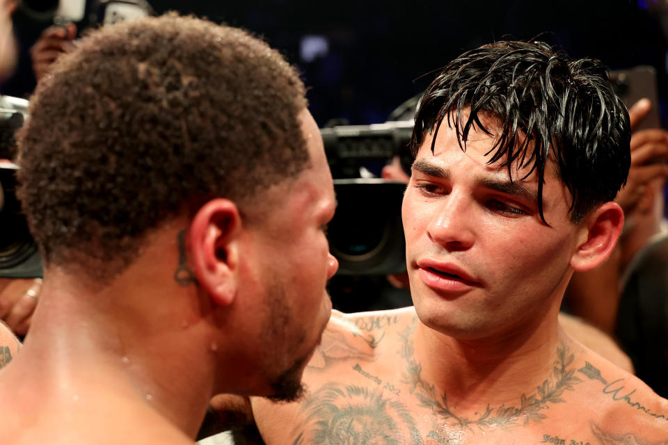 NEW YORK, NEW YORK - APRIL 20: Ryan Garcia (R) talks with Devin Haney (L) after their WBC Super Lightweight title bout at Barclays Center on April 20, 2024 in New York City.  (Photo by Al Bello/Getty Images)