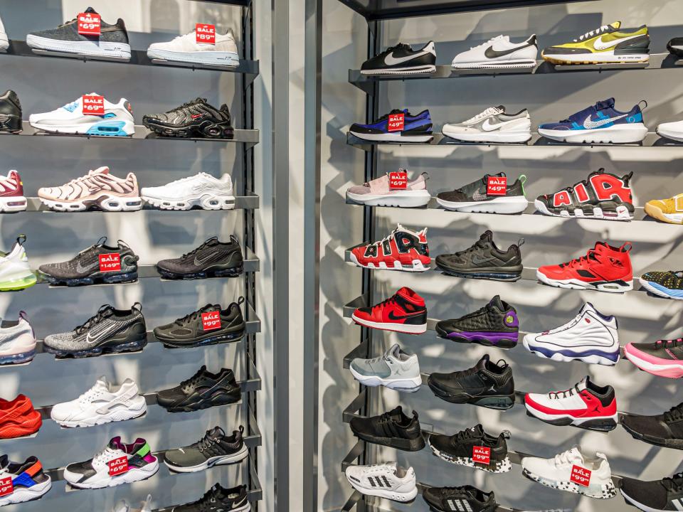 Foot Locker wall of sneakers
