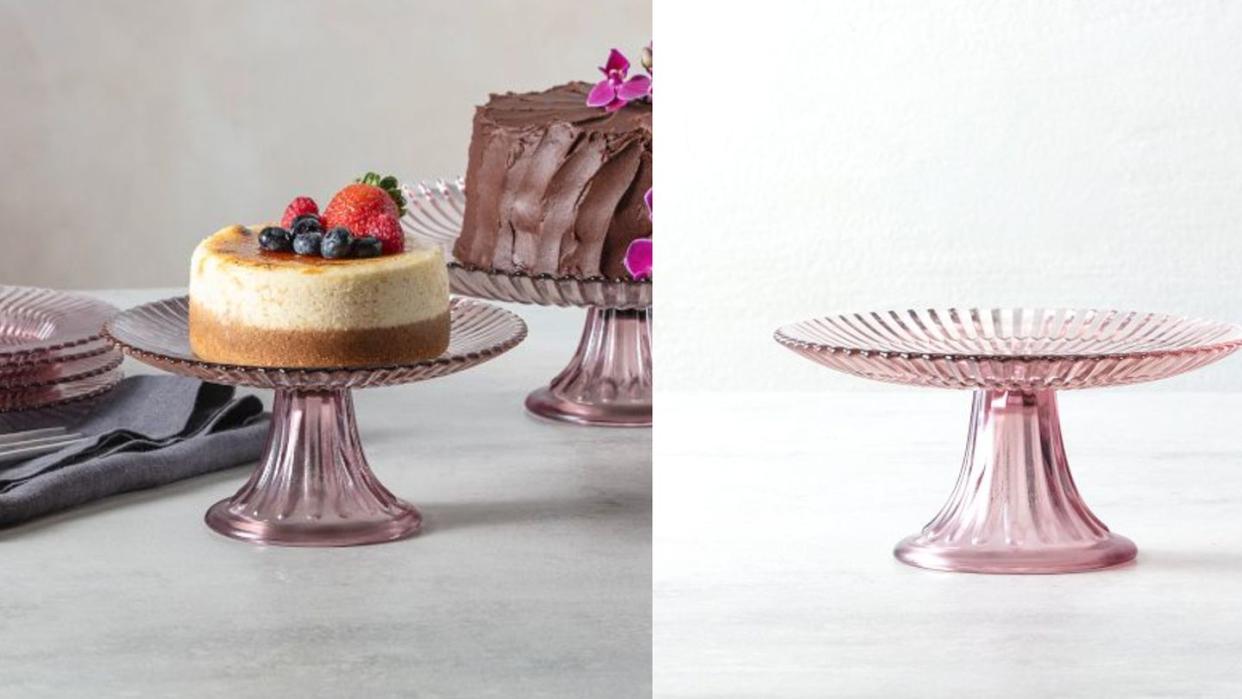 a cake on top of a pink cake stand