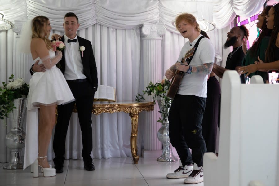 Ed Sheeran crashes a wedding at the Little White Wedding Chapel. (Mark Surridge)