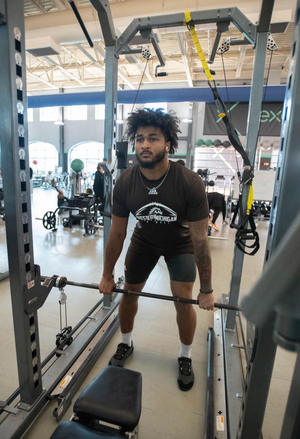 Former Western Michigan University football player Marshawn Kneeland works out at the Exos training facility at the Andrews Institute in Gulf Breeze on Friday, Feb. 17, 2024. Kneeland and other players are preparing for the upcoming NFL Scouting Combine.