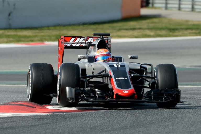 HAAS F1 Team's French driver Romain Grosjean drives at the Circuit de Catalunya on February 24, 2016