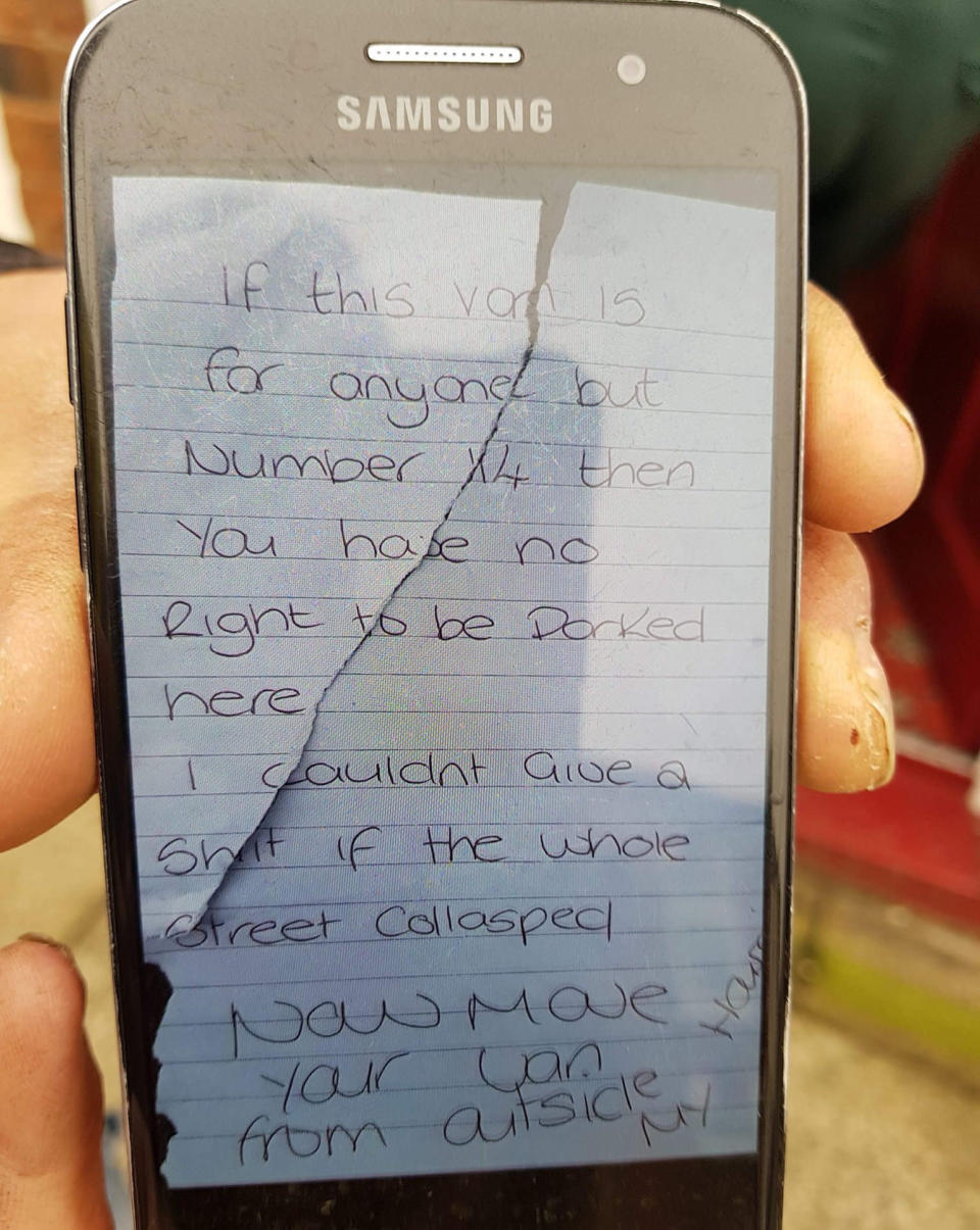The ‘despicable’ note left by Kirsty Sharman in full. (SWNS)