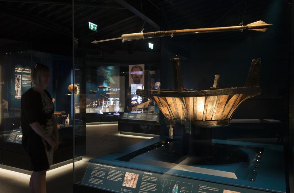 The crow's nest - a structure near the top of the mast of the ship used as a lookout point - is displayed inside a glass case (PA)