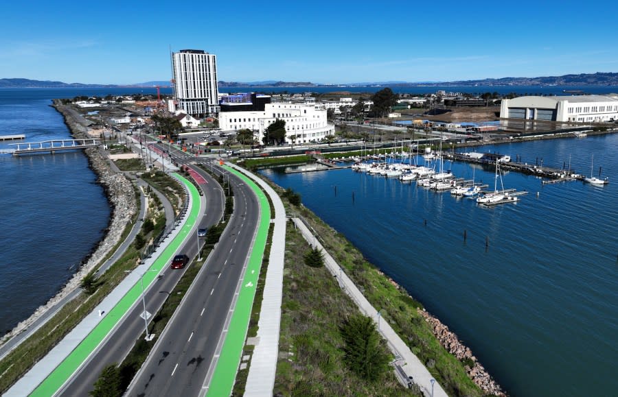 A drone view of Treasure Island is seen on Jan. 11, 2024. (Jane Tyska/ Digital First Media/ East Bay Times via Getty Images)