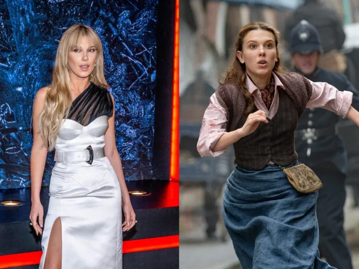 left: millie bobby brown with long blonde hair at the stranger things premiere, wearing a white satin dress; right: milie bobby brown in enola holmes with long brown hair, wearing plain looking clothes and running