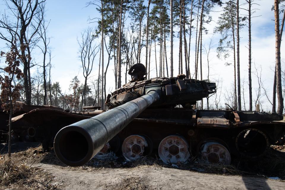 Destroyed Russian tank near the village of Dmytrivka, Kyiv region, Ukraine on March 15, 2023.