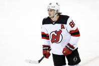 New Jersey Devils center Jack Hughes reacts after scoring a goal against the New York Rangers in the second period of Game 3 of the team's NHL hockey Stanley Cup first-round playoff series Saturday, April 22, 2023, in New York. (AP Photo/Adam Hunger)