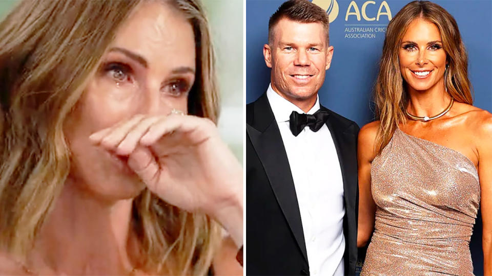 Pictured left is a teary Candice Warner, and alongside her cricket star husband David on the right.