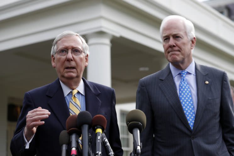 Senate Majority Leader Mitch McConnell of Ky., left, and Senate Majority Whip Sen. John Cornyn, R-Texas, speak with the media after they and other Senate Republicans met with President Donald Trump at the White House, Tuesday, June 27, 2017, in Washington.