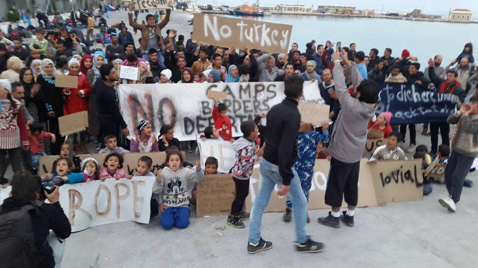 Refugees on Chios, Greece protest their forced repatriation to Turkey in April 2016. PHOTO: Gabrielle Tay