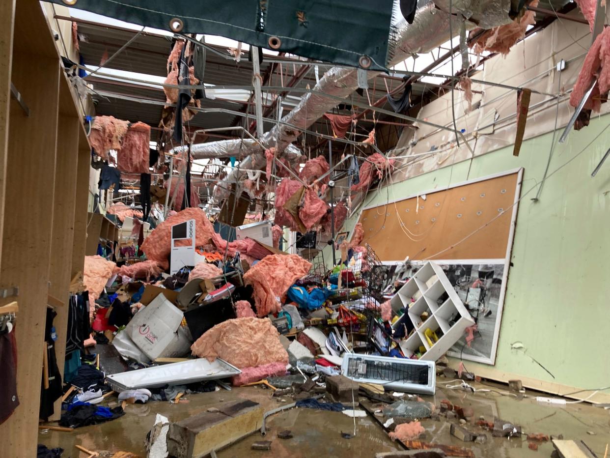 The interior of store is damaged after a severe storm swept through Little Rock, Ark., Friday, March 31, 2023.