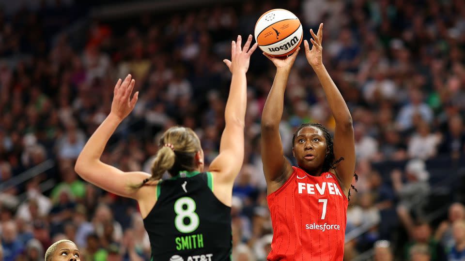 Boston shoots the ball against Alanna Smith of the Minnesota Lynx in the first quarter. - David Berding/Getty Images