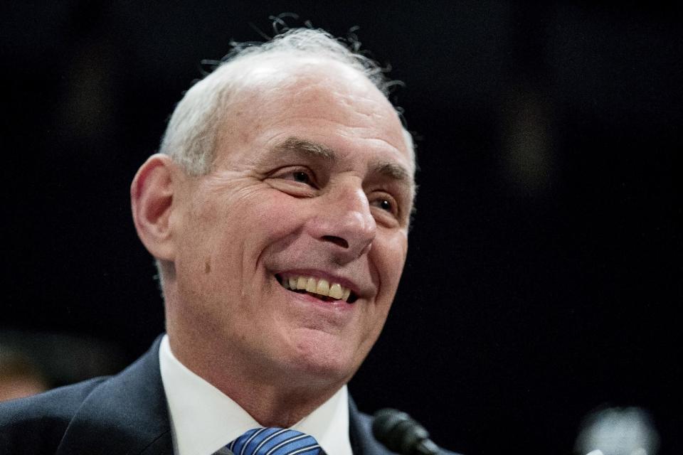 Homeland Security Secretary John Kelly smiles while testifying on Capitol Hill in Washington, Tuesday, Feb. 7, 2017, before the House Homeland Security Committee. This is Kelly's first public appearance before lawmakers who are sure to press him for details about the Trump administration's contentious rollout of a travel and refugee ban. (AP Photo/Andrew Harnik)