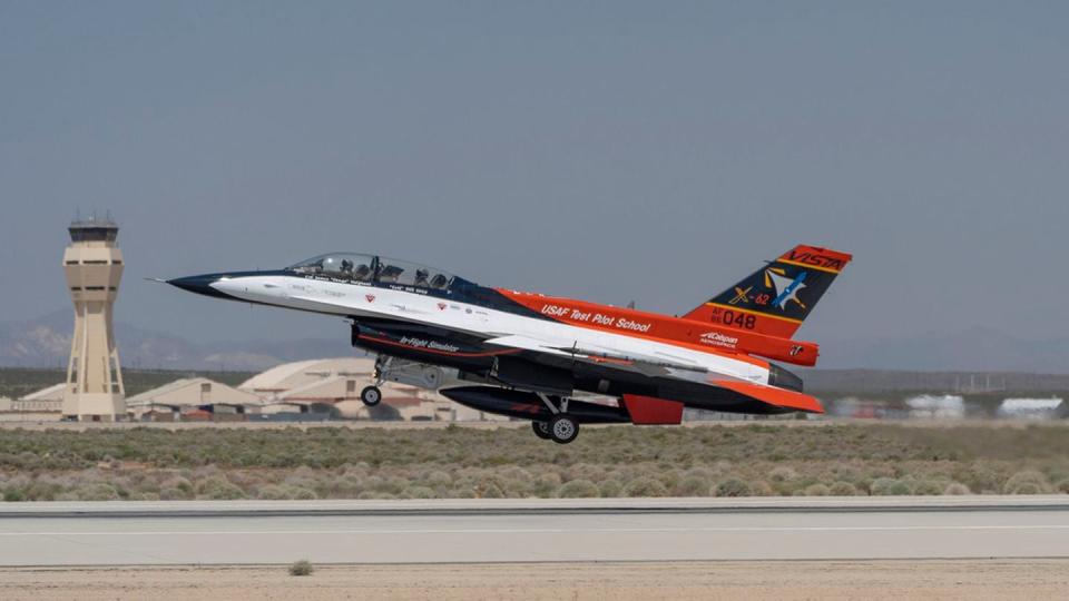 The X-62A VISTA aircraft, an experimental AI-enabled Air Force F-16 fighter jet, takes off on Thursday, May 2, 2024, at Edwards Air Force Base, Calif., with Air Force Secretary Frank Kendall riding in the front seat. (Damian Dovarganes/AP)