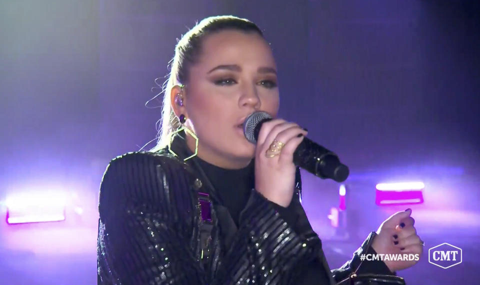 In this video image provided by CMT, Gabby Barrett performs “I Hope” during the Country Music Television awards airing on Wednesday, Oct. 21, 2020. (CMT via AP)