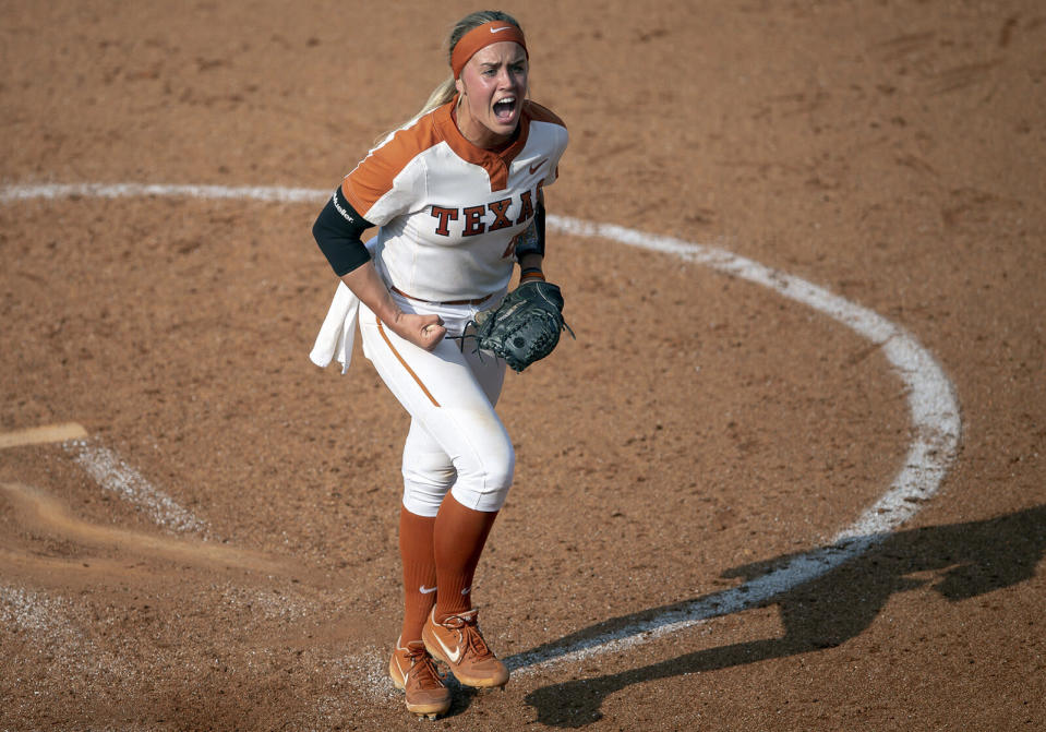 Texas pitcher Miranda Elish celebrates a strikeout against Houston during an NCAA college softball tournament Austin Regional game Sunday, May 19, 2019, in Austin, Texas. (Nick Wagner/Austin American-Statesman via AP)